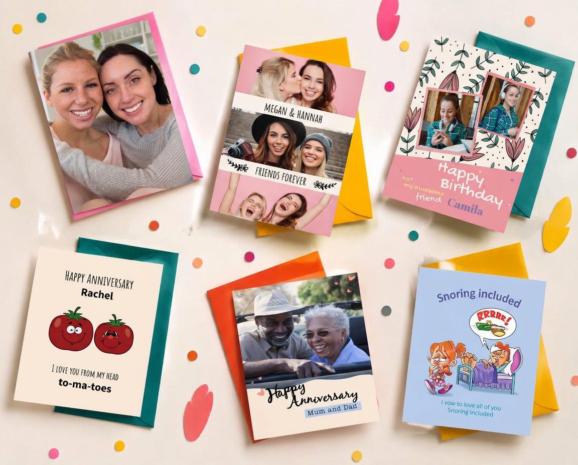 Colorful personalized greeting cards and envelopes